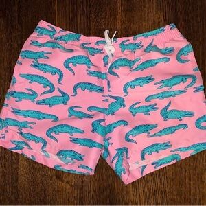 Pink Swim Shorts with Blue Alligator Print